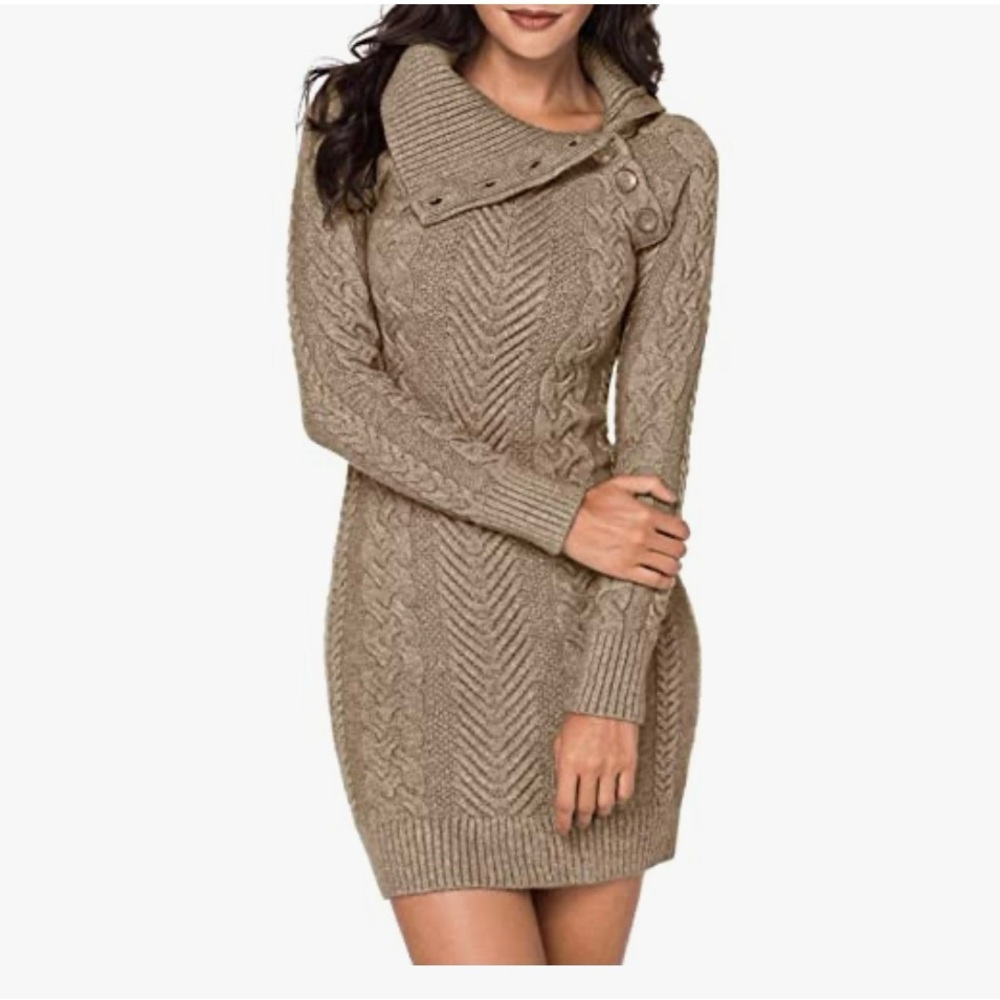Cozy Tan Cable Knit Sweater Dress